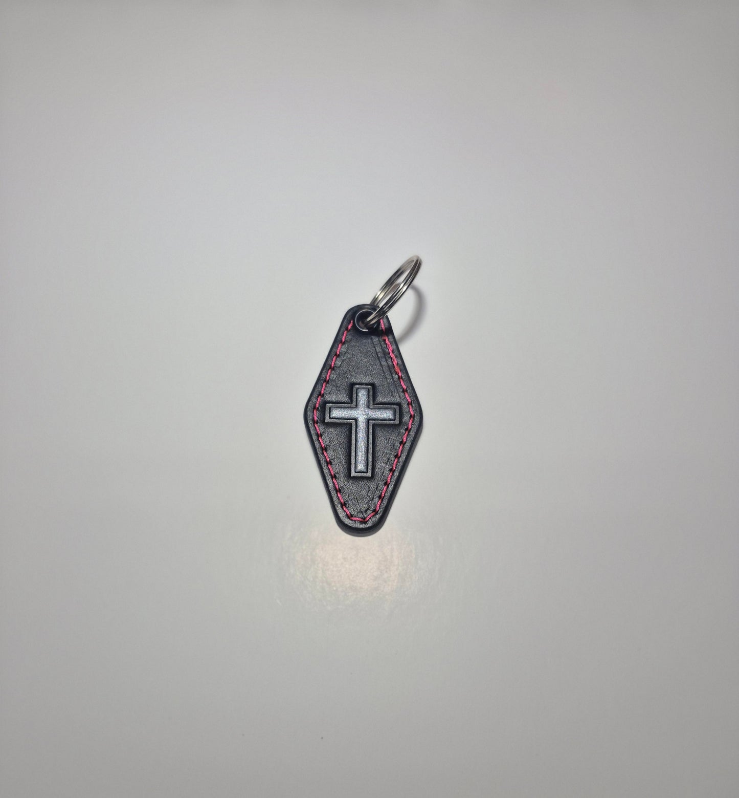 Silver Cross With Pink Stitching Hotel Keychain