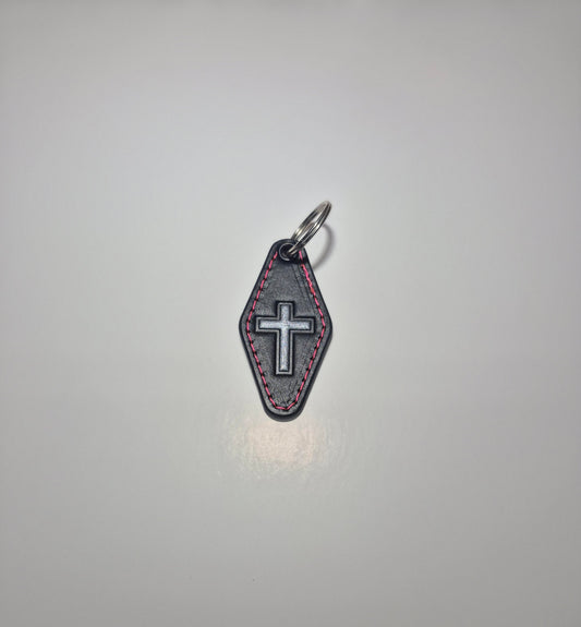 Silver Cross With Pink Stitching Hotel Keychain